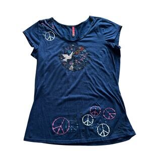 Trixie Peace & Love Embroidered Beaded Boho Baby Doll T-shirt Navy M
